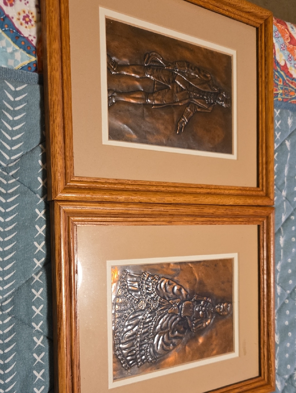 Framed Embossed Metal Art Pair in Oak Frames - Bronze & Silver
